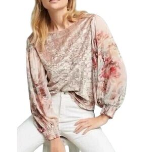 Anthropologie Meadow Rue Crushed Velvet Blouse Size Small Sheer Floral Sleeves
